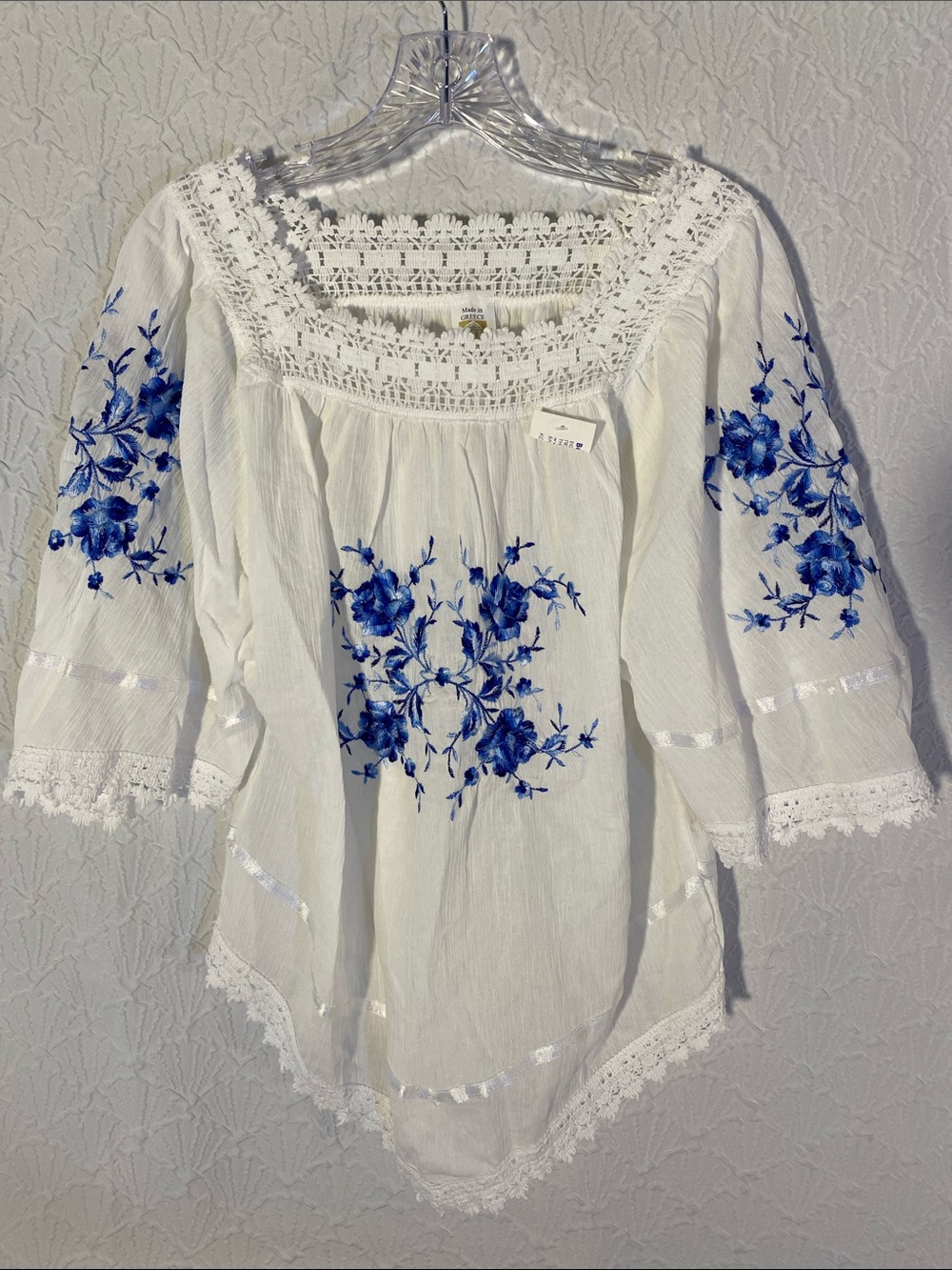 Boho White Peasant Top with Blue Floral Embroidery